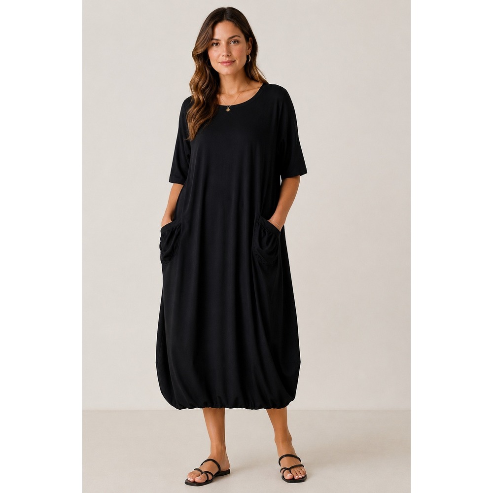 Heydari Womens Lagenlook Midi Dress Black Oversized Bubble Pocket USA Large